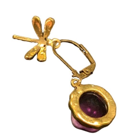 Purple Dragonfly Earrings Vintage Victorian Style Glass & Gold Metal Insect NEW - Picture 6 of 9